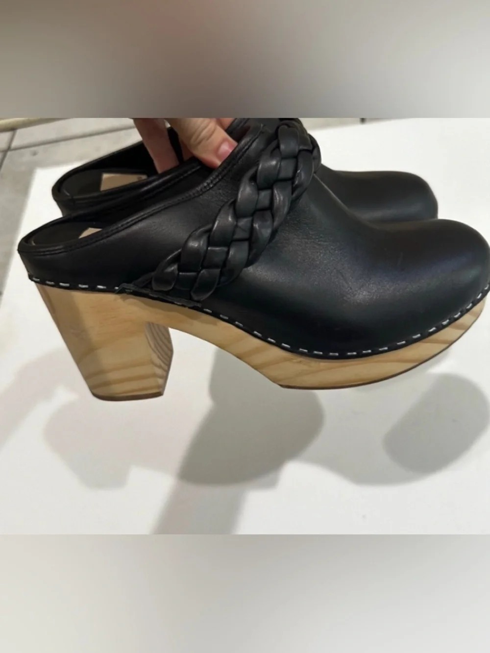 Dolce Vita Black Leather Braided Clog Mules with Wooden Platform Shoes NWOT - Picture 4 of 15